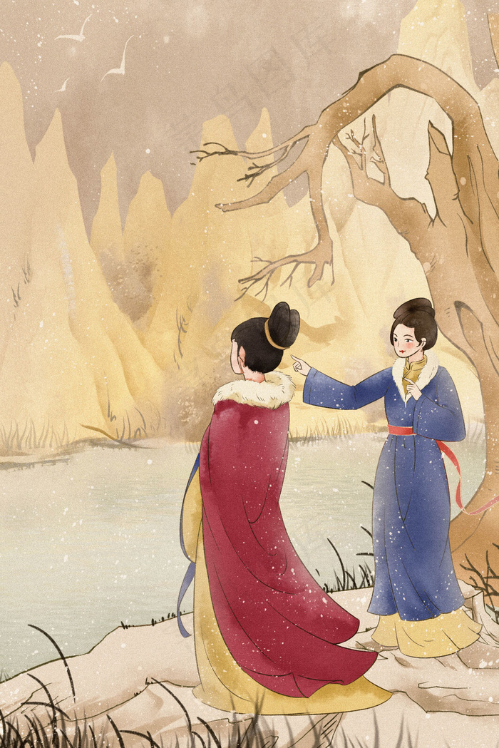 手绘中国风古代生活工笔复古女子郊游(3545*5315px 300 dpi )psd模版下载