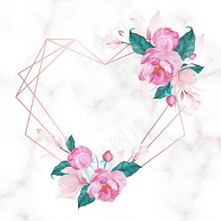 玫瑰金心形框架，大理石背景上有花卉图案。