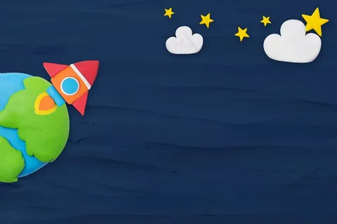 蓝色橡皮泥工艺中的太空火箭纹理背景矢量，适合儿童