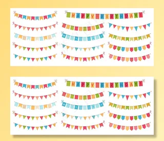 派对彩旗。收集彩纸三角旗，挂上花环，生日快乐彩旗
