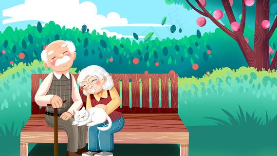 绿色系卡通手绘风养老老人猫咪配图