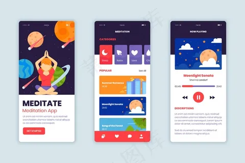 冥想应用程序屏幕集合