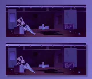 废弃的博物馆内部，残破的艺术品黑暗破旧的画廊，地板上有洞