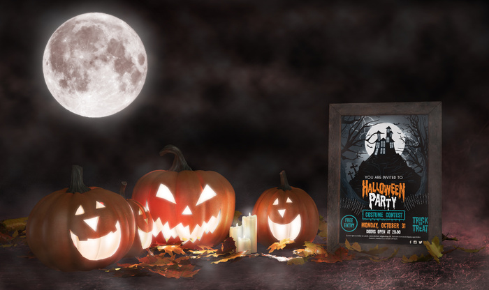 带框恐怖电影海报的万圣节装饰