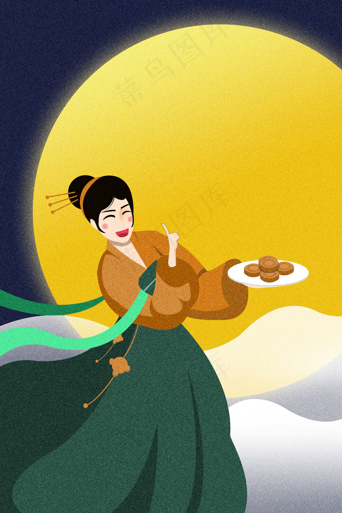 中秋节清新古风女子月下插画中秋