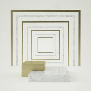 三维渲染黑白大理石台座台阶独立，金戒指，圆形框架，抽象简约概念，空白空间，简洁干净的设计，奢华极简主义