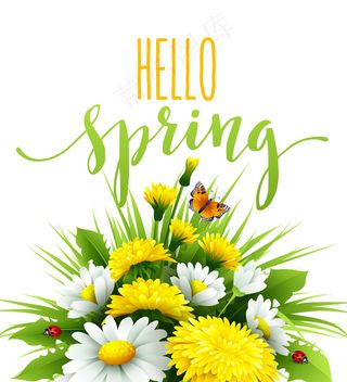 清新的春天背景草，蒲公英和雏菊。插图