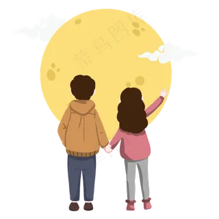 卡通情侣中秋赏月