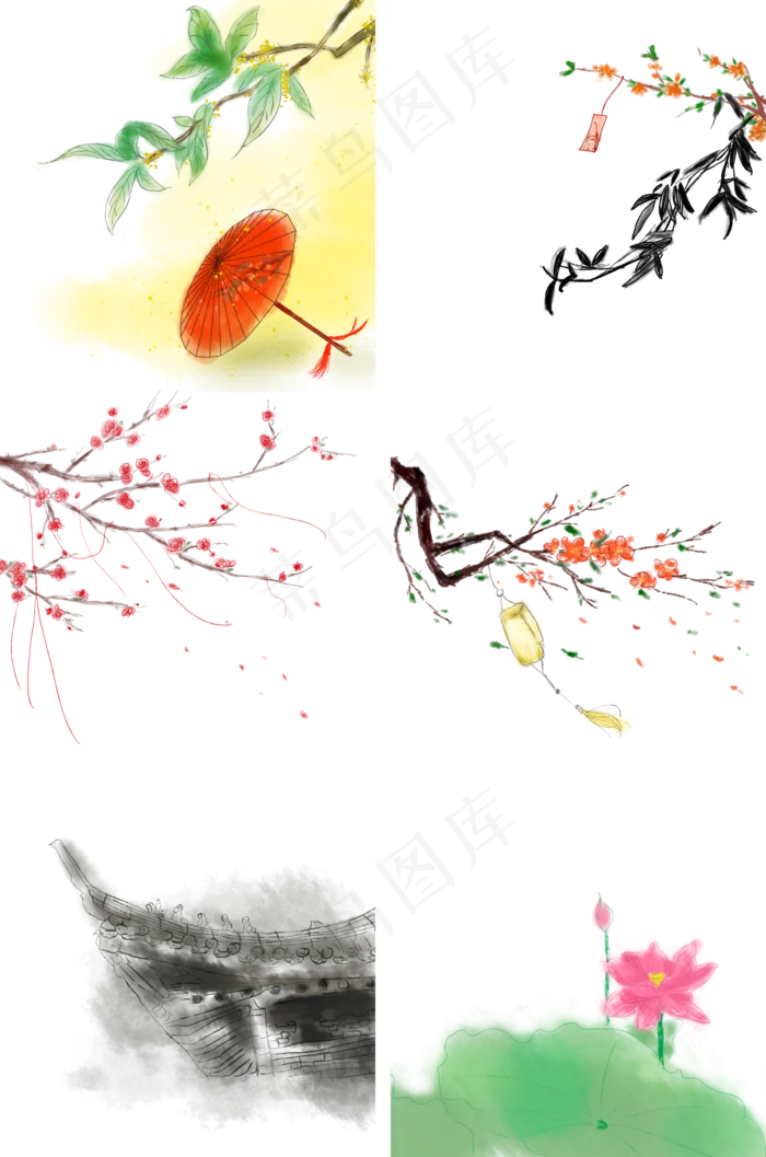 古风手绘梅花灯笼桂花红伞素材免(2000X3020(DPI:300))psd模版下载