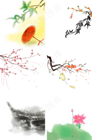 古风手绘梅花灯笼桂花红伞素材免