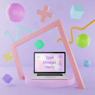 讲台上的笔记本电脑模型样机带有抽象元素3d插图粉彩