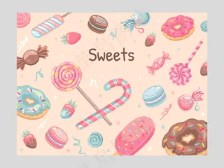 糖果封面设计。冰淇淋，糖果，甜甜圈，杏仁饼，棒棒糖