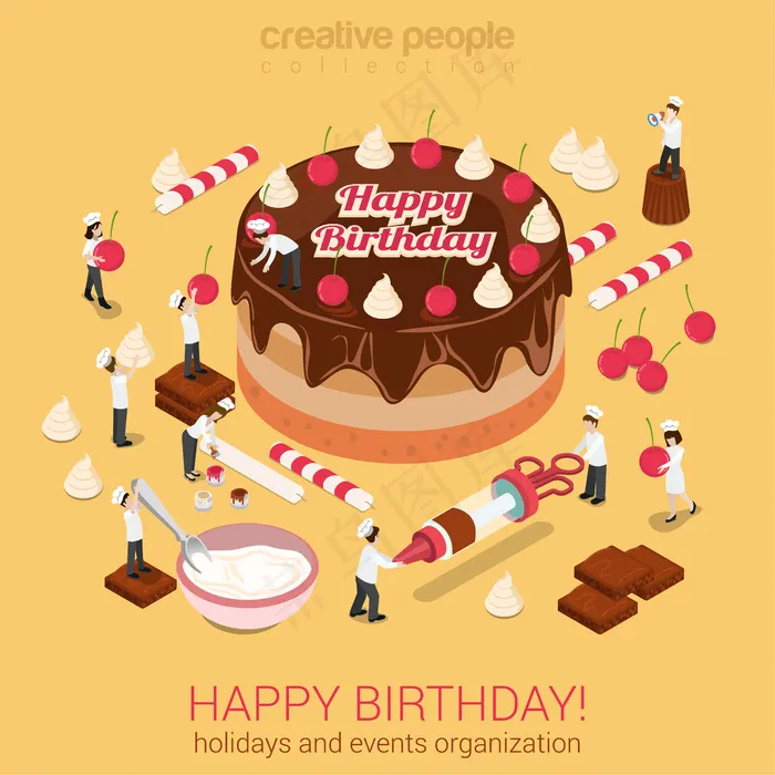 小人物做蛋糕时用题词“生日快乐”等距矢量图。节日活动组织或糖果店的经营理念。eps,ai矢量模版下载