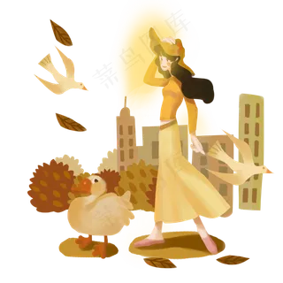 秋天美女钟楼公园喂鸽秋阳灿烂P