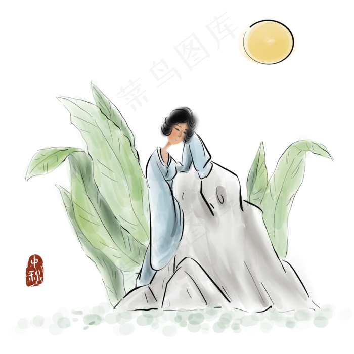 中秋节芭蕉树下赏月的古代仕女