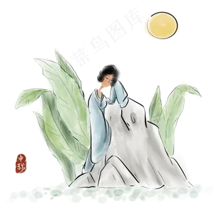 中秋节芭蕉树下赏月的古代仕女