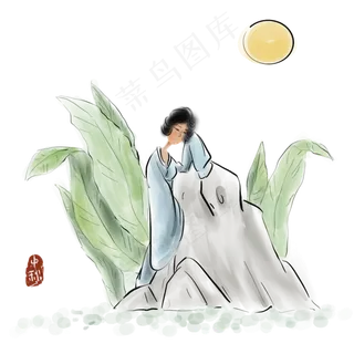 中秋节芭蕉树下赏月的古代仕女