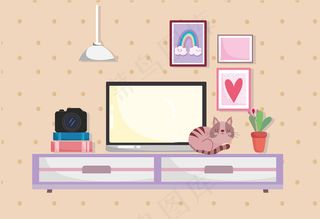 家庭办公室内部屏幕上的表与猫，相机书籍和植物插图