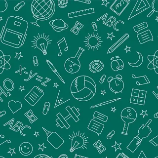 学校涂鸦图案。绿色背景上的矢量图。