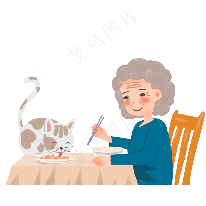 卡通老人和宠物猫咪吃饭
