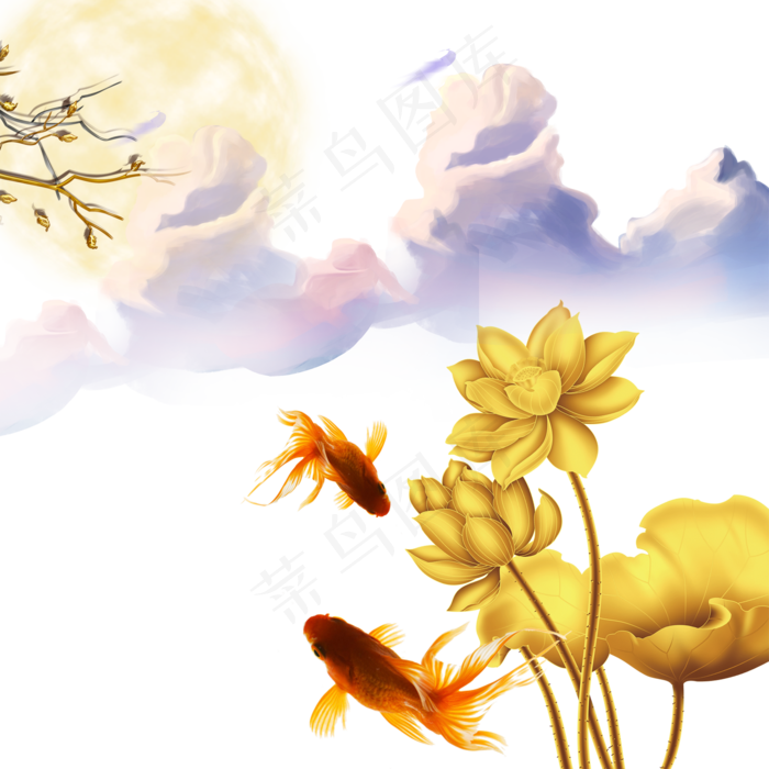 金色荷花鲤鱼中秋节装饰中秋