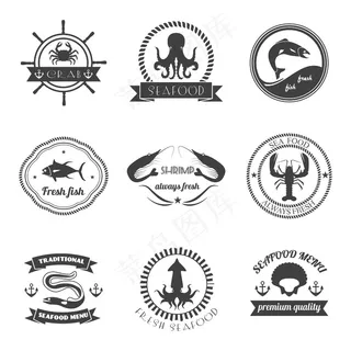 海产食品标签集鲜鱼优质餐厅邮票独立矢量插图