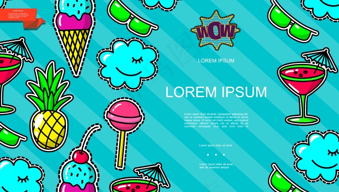 菠萝冰淇淋棒棒糖鸡尾酒云眼镜演讲泡泡绿松石斜线背景