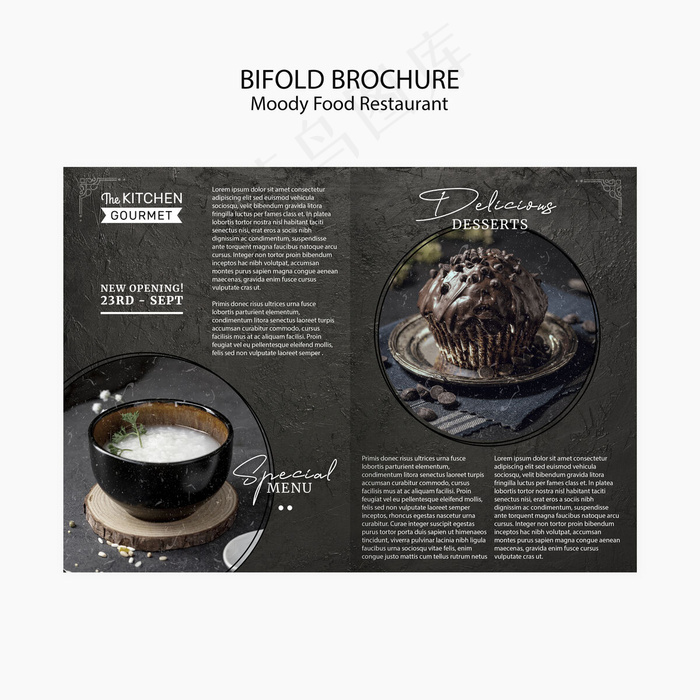 Moody food restaurant bifold小册子概念模型样机psd模版下载