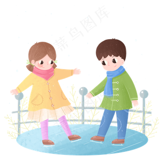 手绘冬天可爱女孩男孩