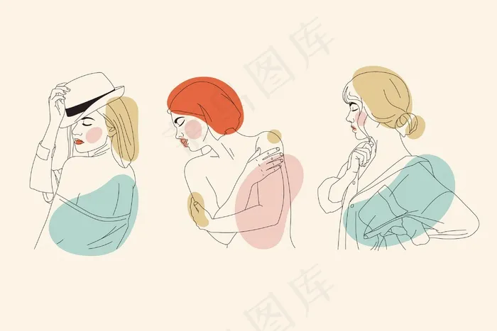 优雅线条艺术风格的女性eps,ai矢量模版下载