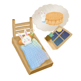 手绘中秋节夜晚玉兔睡觉做梦想吃