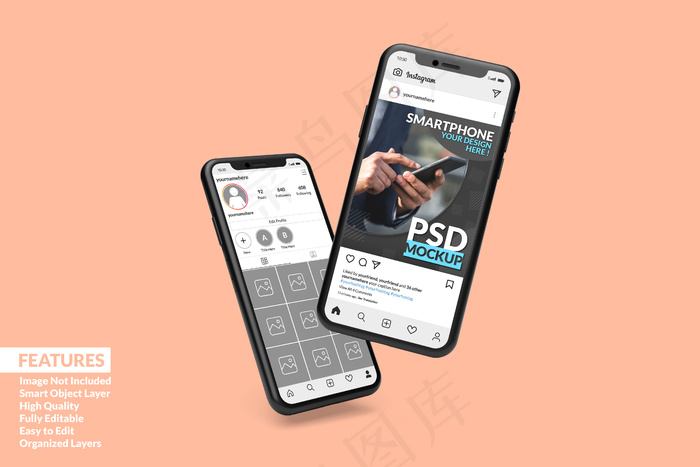 可定制的高质量两个智能手机模型样机显示模板高级psd模版下载