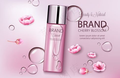 一瓶樱花化妆品。产品植入。自然美。品牌之地。水滴背景。现实主义 一瓶樱花化妆品。产品植入。自然美。品牌之地。水滴背景。现实主义