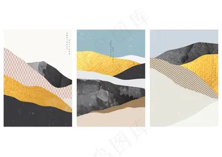 抽象艺术背景与日本图案。艺术景观与几何模板金笔笔刷元素插图。水彩纹理。