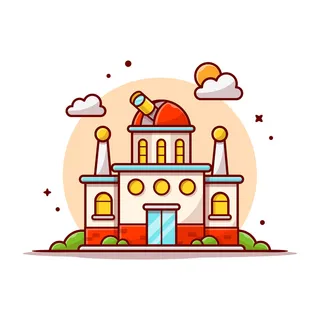 天文望远镜与云和太阳空间卡通图标插图。