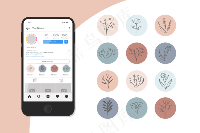 Instagram手绘花卉故事亮点eps,ai矢量模版下载