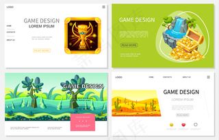 卡通游戏设计网站集奖杯宝箱金币瀑布幻想热带和沙漠景观