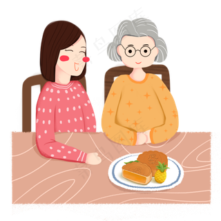 手绘中秋节母女吃月饼素材