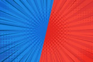 波普艺术漫画背景闪电爆炸半色调点。红色和蓝色的卡通插图。