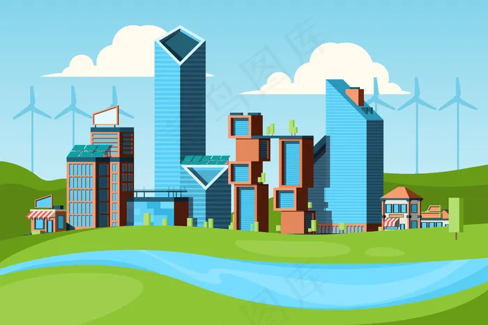 生态城市。生态城市背景下城市景观绿色理念与自然保护清洁环境eps,ai矢量模版下载