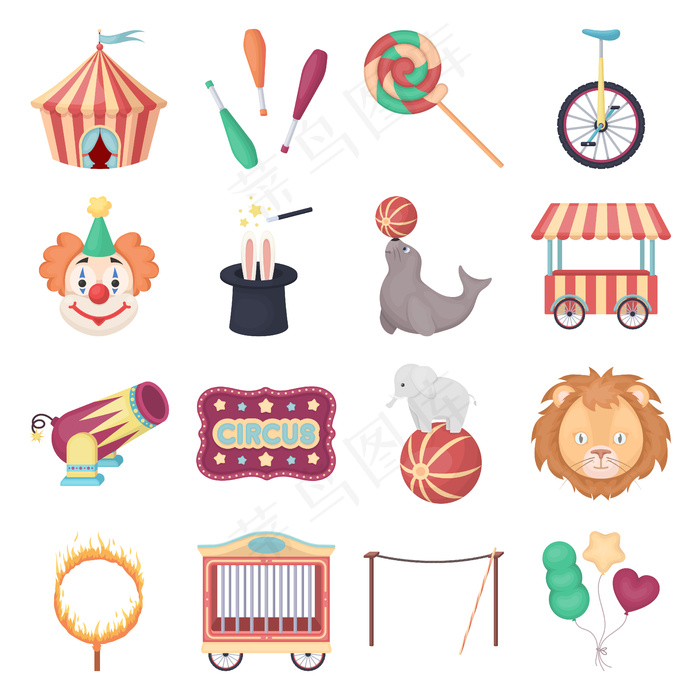 马戏团卡通矢量图标集。矢量插图马戏团。