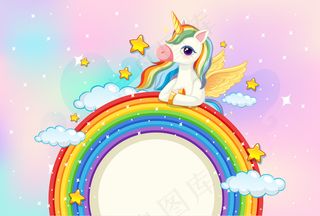 彩色天空背景下彩虹上的空白横幅banner上有可爱的独角兽