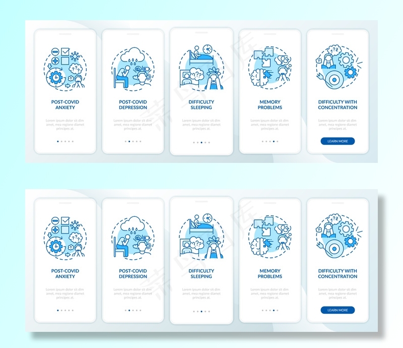 后covid综合征和心理健康入职手机app移动应用程序app页面屏幕概念。焦虑和抑郁演练5步说明。带有rgb颜色的ui模板