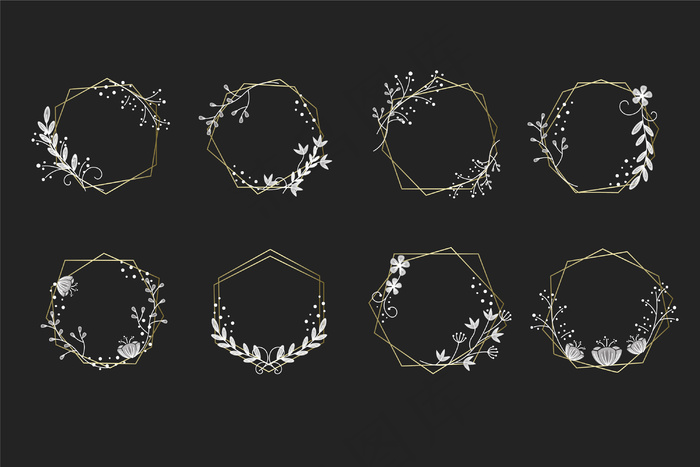 金色多边形镜框，花朵优雅