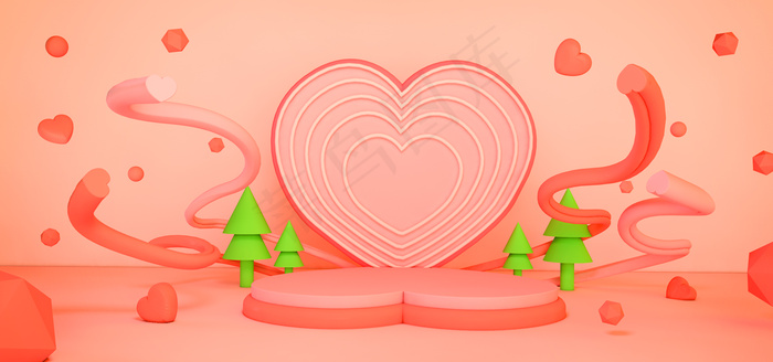 C4D七夕爱心心形展台背景