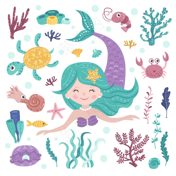一组可爱的美人鱼，海藻和海洋生物