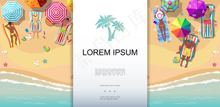 夏日海滩度假顶视图，人们在躺椅和毛巾上日光浴，平面式插图