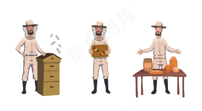 养蜂养蜂。养蜂人，蜂巢采蜜，与蜂屋打交道，销售自制蜂蜜。字符集。彩色插图。白色背景。