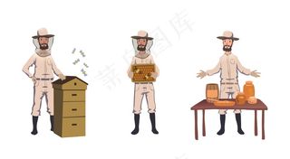 养蜂养蜂。养蜂人，蜂巢采蜜，与蜂屋打交道，销售自制蜂蜜。字符集。彩色插图。白色背景。