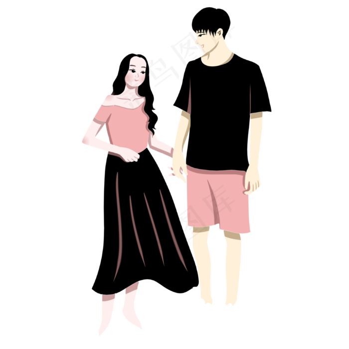 手绘矢量情人节七夕节牵手情侣